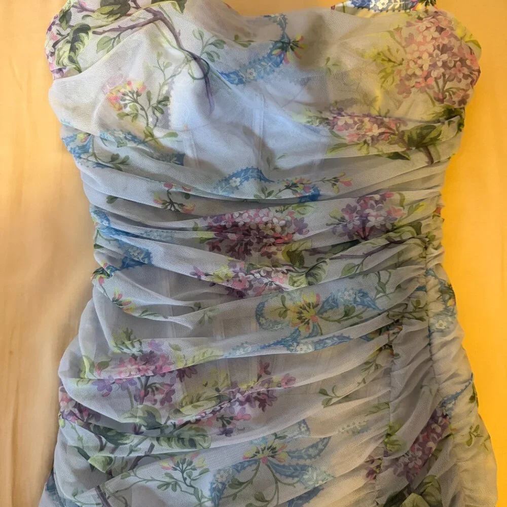 House of CB Lini Blue Chiffon Floral and Bow Bodycon Corset Maxi Dress - Picture 4 of 5